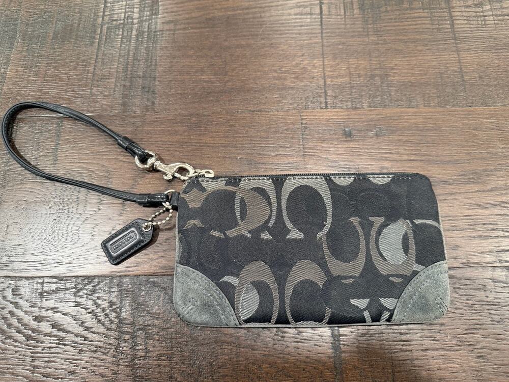 Coach Signature Wristlet Black Gray Canvas Leather Zip Pouch Wallet Clutch